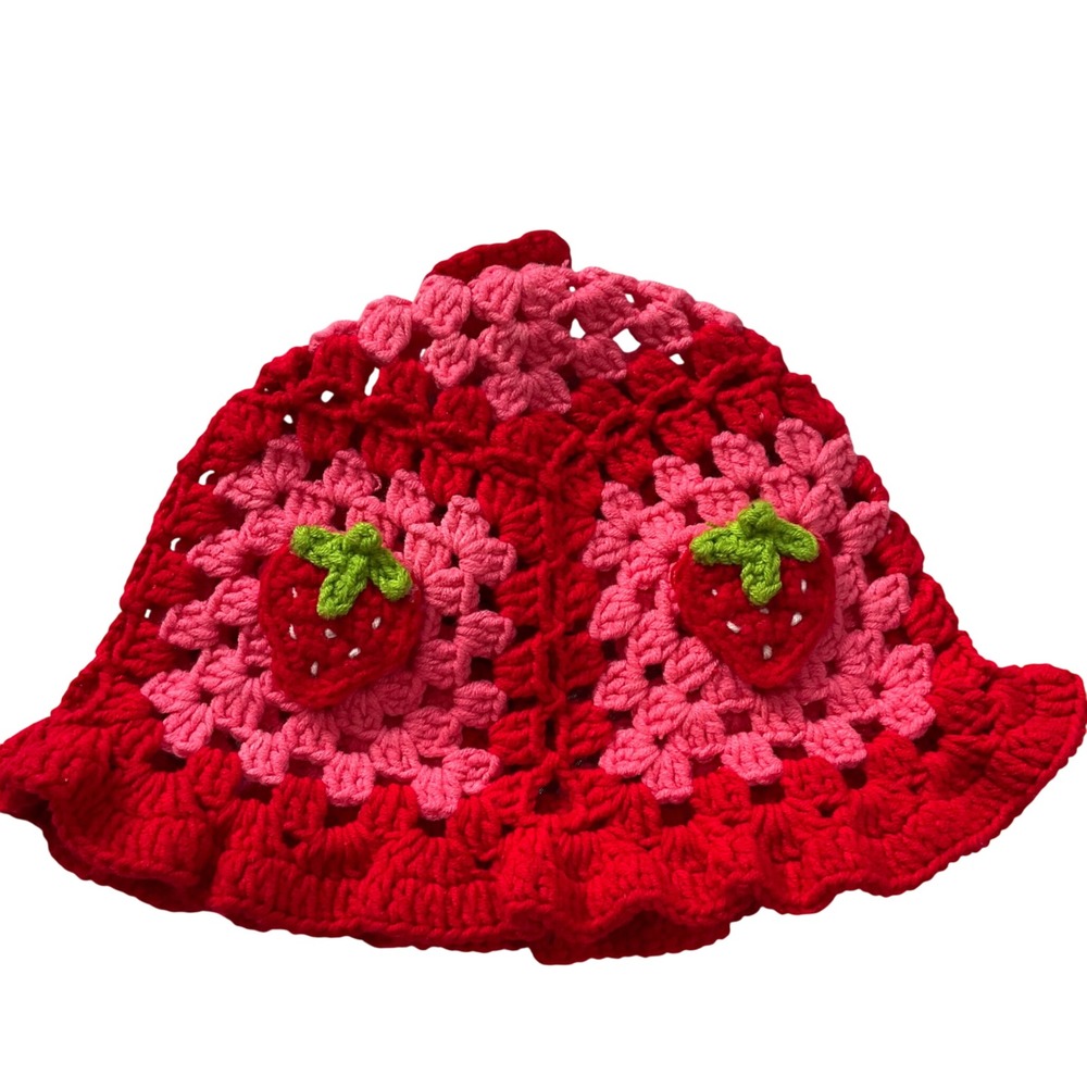 Handmade Crochet Strawberry Bucket Hat Red Pink Granny Square Ruffle Cottagecore